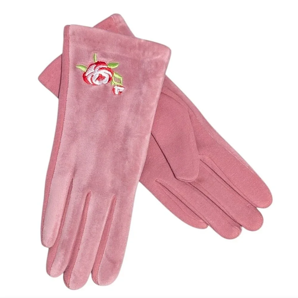 New velvety gloves with embroidered flower OS pink stretch soft cozy cottagecore